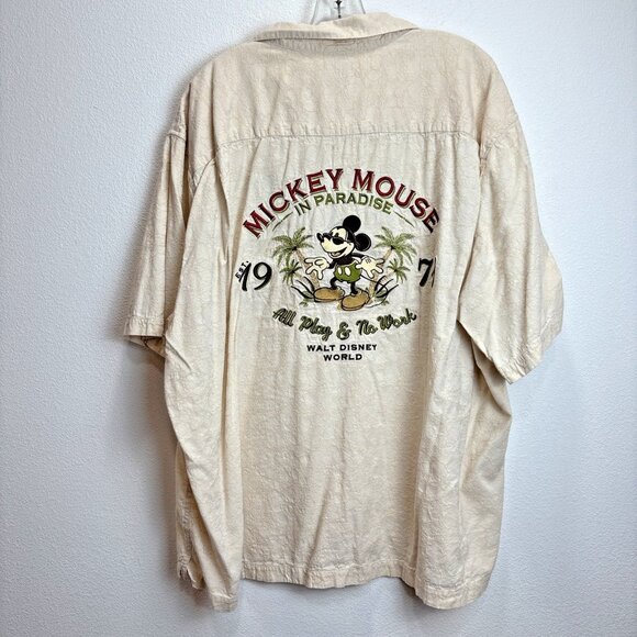 Disney Parks Mickey Mouse In Paradise Shirt Mens XXXL Embroidered Button Up Tan - Picture 1 of 7